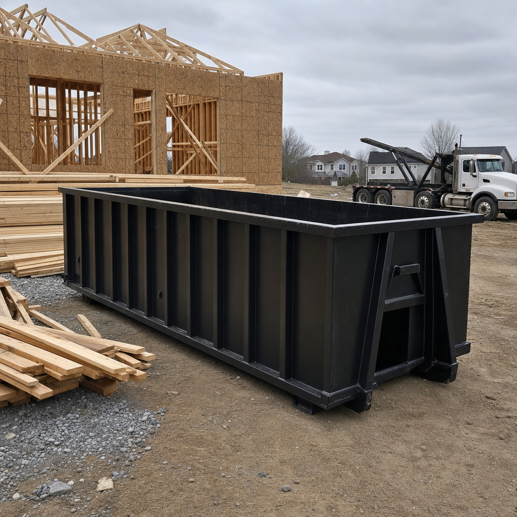 Matte-black 40-yard roll-off dumpster staged on a framed-out residential construction site in Owensboro, framing lumber stacked nearby, hooklift delivery truck visible in the background under bright Colorado daylight