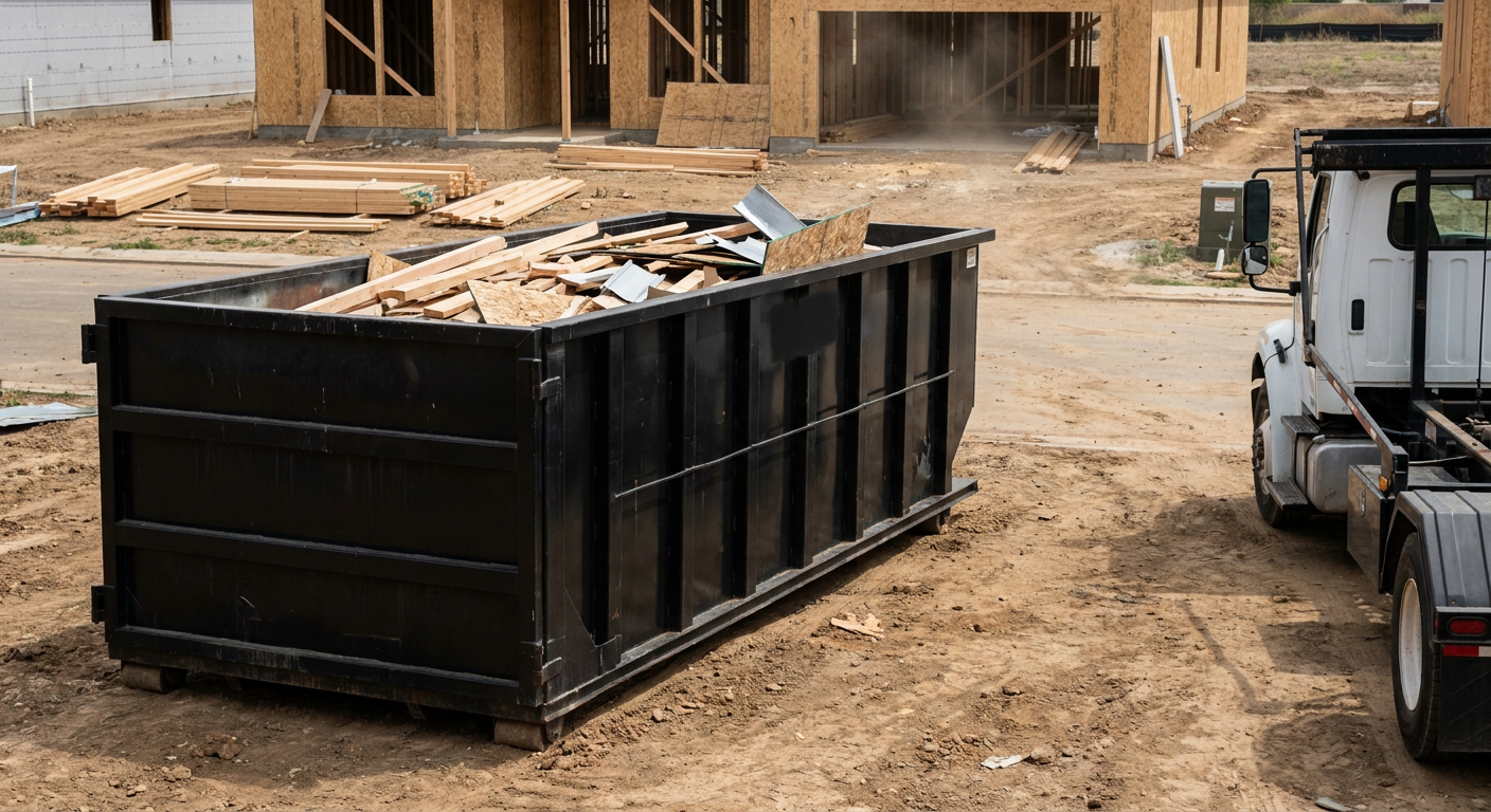 Matte-black 20-yard roll-off construction dumpster with heavy ribbed steel sidewalls and swing rear doors at a working jobsite in Owensboro, sitting directly on compacted dirt with an unmarked white hauler partially visible at the far edge of the frame.