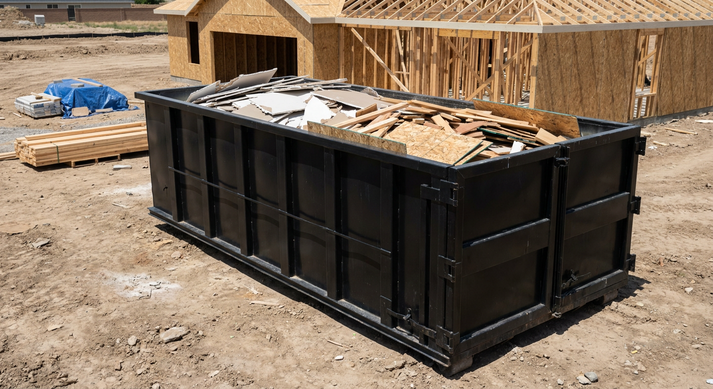 Matte-black 30-yard roll-off construction dumpster sitting directly on the compacted-dirt site of a framed single-family home build in Owensboro, drywall and lumber scrap loaded inside.