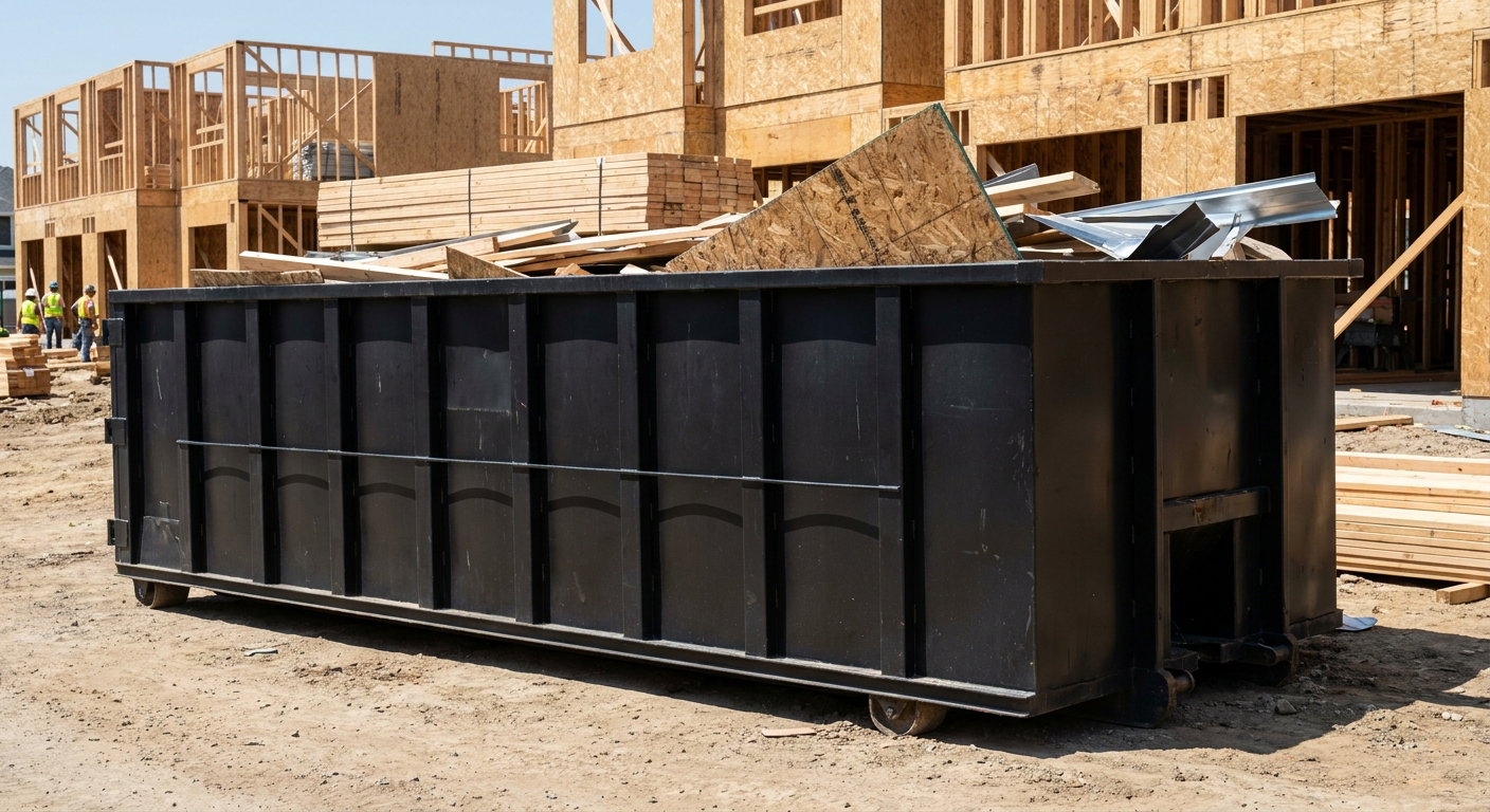 Matte-black 40-yard roll-off construction dumpster being lowered from a white-cab hooklift delivery truck onto the compacted-dirt jobsite at a commercial build site in Owensboro