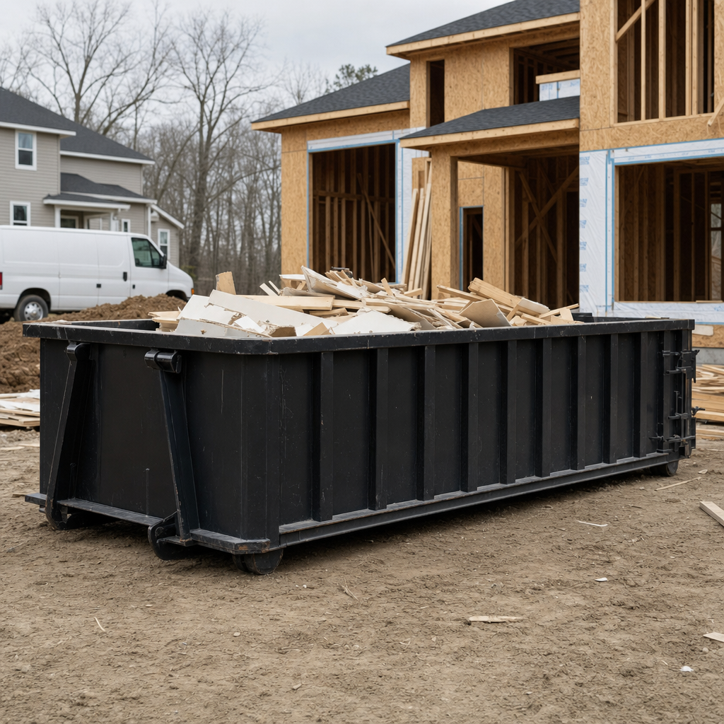 Worker in a yellow high-visibility vest tossing framing lumber and broken drywall into a matte-black 30-yard construction roll-off dumpster on an active build site in Owensboro, bright daylight