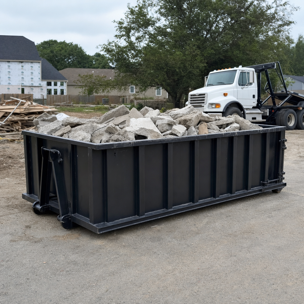 Low-profile matte-black lowboy roll-off dumpster loaded with broken concrete slab and rebar at a foundation tear-out in Owensboro, skid steer parked beside it, sunny Colorado morning