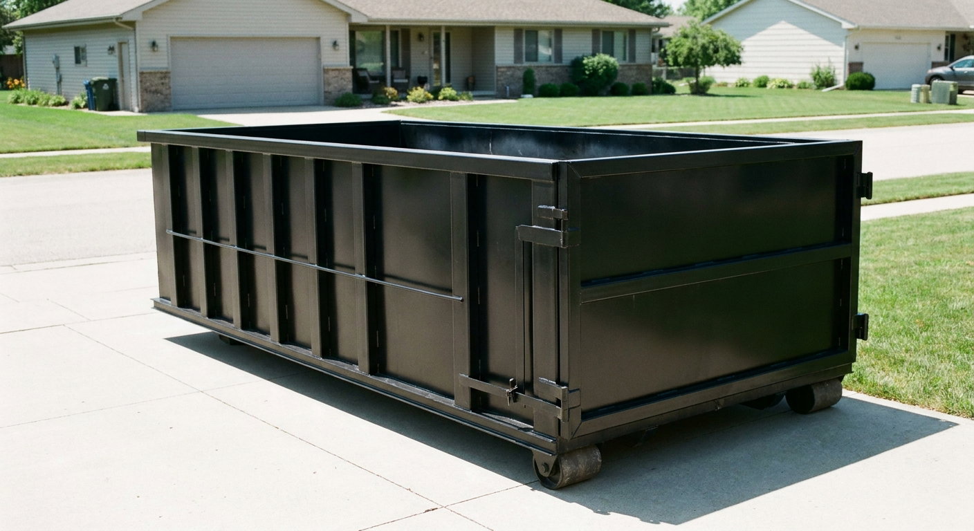 Matte-black 10-yard roll-off dumpster on a residential concrete driveway in Owensboro, uniformly painted matte black across every panel and rail, ribbed steel sidewalls and rear swing door visible, mid-day daylight.