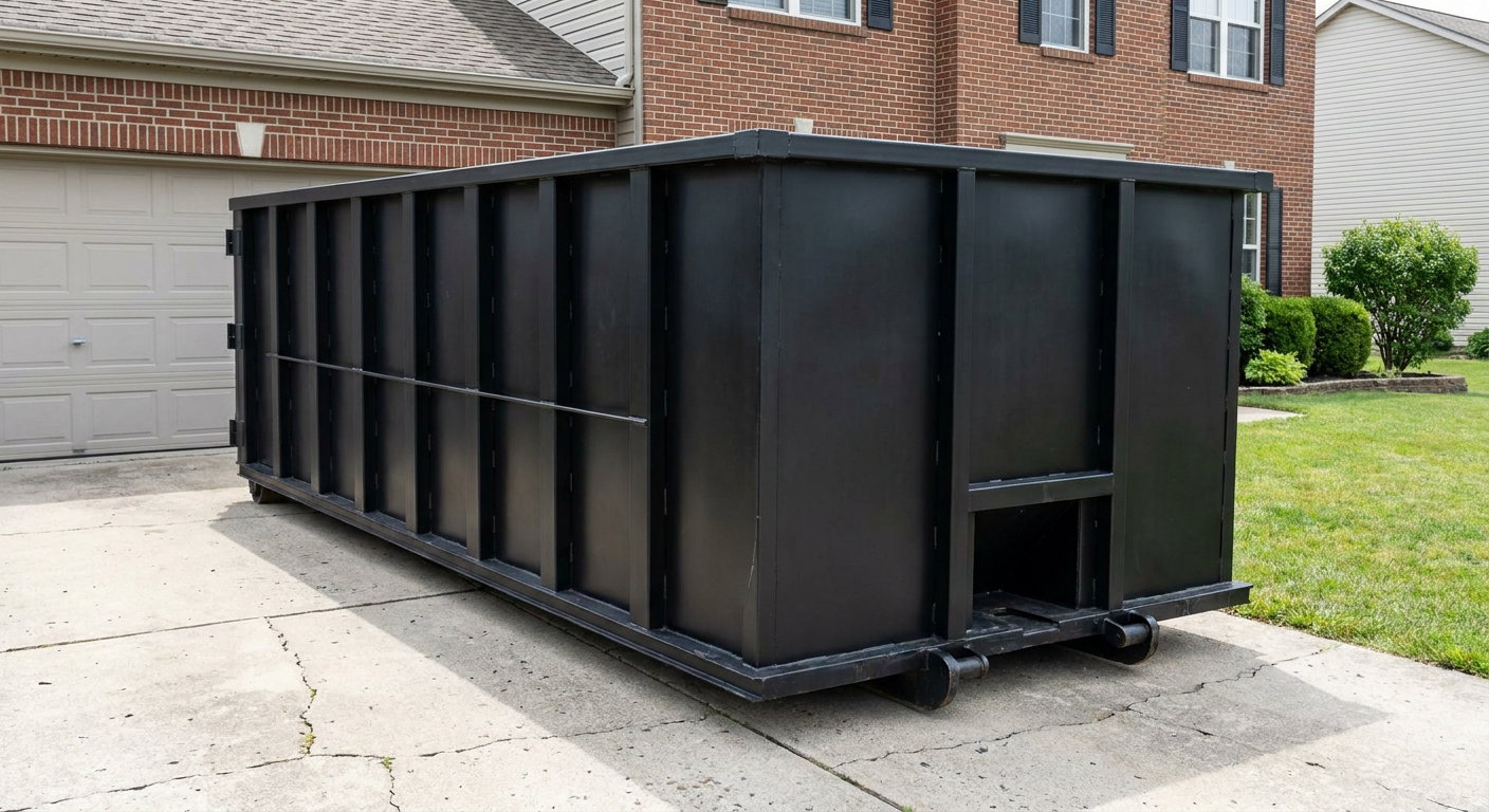 Matte-black 20-yard roll-off container on a Owensboro residential concrete driveway with reinforced ribbed steel sidewalls and a hinged rear walk-in door, clean bright daylight.