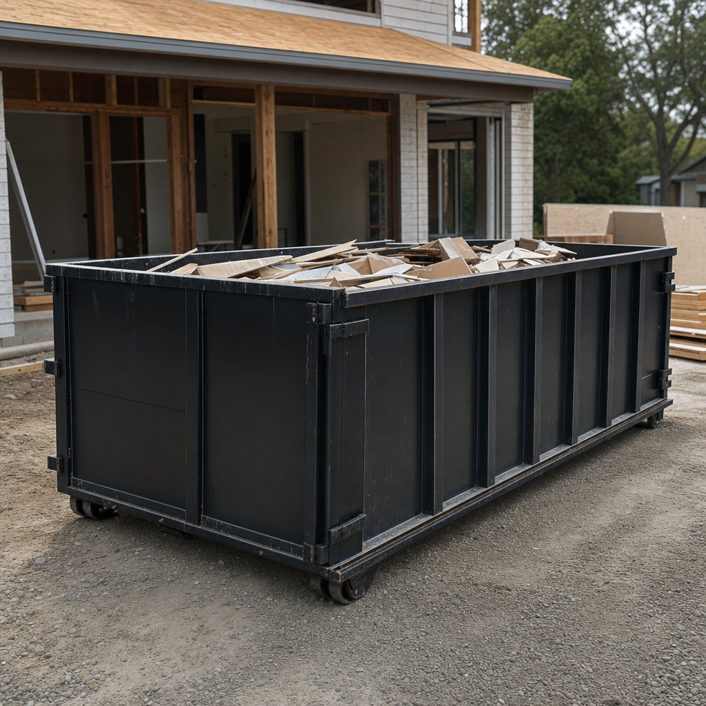 Large matte-black 30-yard construction roll-off dumpster at an active Owensboro jobsite, steel-gray top rails and bottom rollers visible, loaded with construction debris.