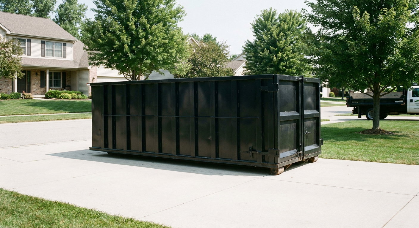 Matte-black 20-yard roll-off dumpster sitting level on a clean Owensboro residential concrete driveway under bright daylight, demonstrating clean placement directly on the concrete.