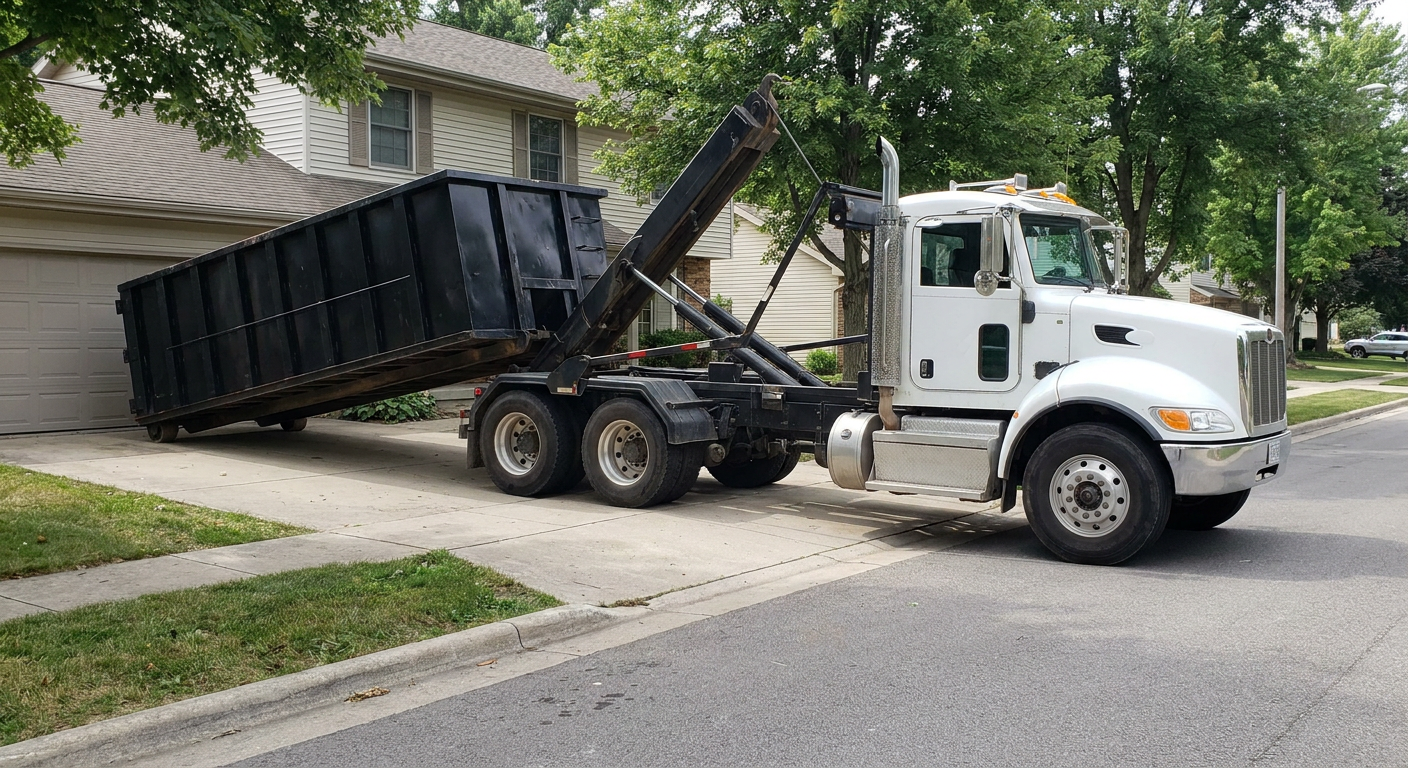White-cab hooklift roll-off truck actively lowering a matte-black dumpster onto a Owensboro residential concrete driveway, the dumpster's rear wheels touching the driveway as the hoist arm tilts the bed forward, mid-morning daylight.