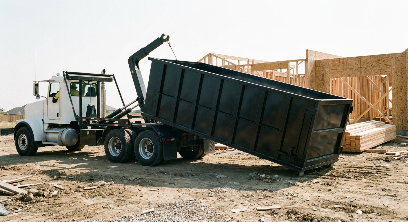 Matte-black roll-off dumpster being delivered onto a clean residential concrete driveway in Owensboro by an unmarked white hooklift hauler truck, bright morning daylight, documentary 35mm perspective.