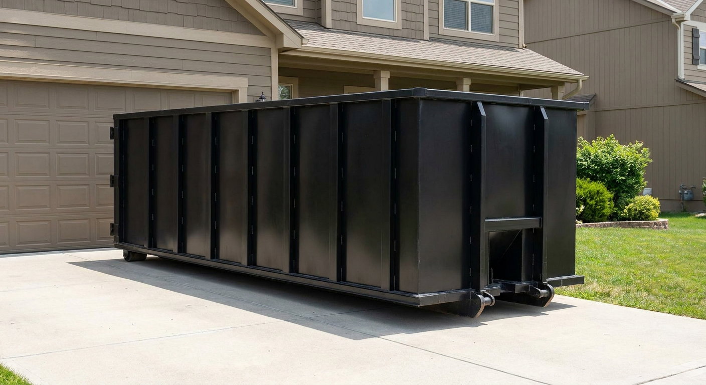 Matte-black residential roll-off dumpster sitting directly on a suburban Owensboro concrete driveway, garage door closed, single-family home in background, bright morning daylight.