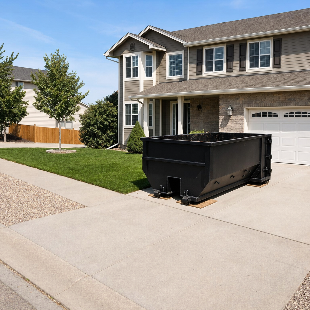 10-yard matte-black residential dumpster placed directly on a narrow Owensboro concrete driveway, room remains for a parked sedan beside it, mid-morning natural light