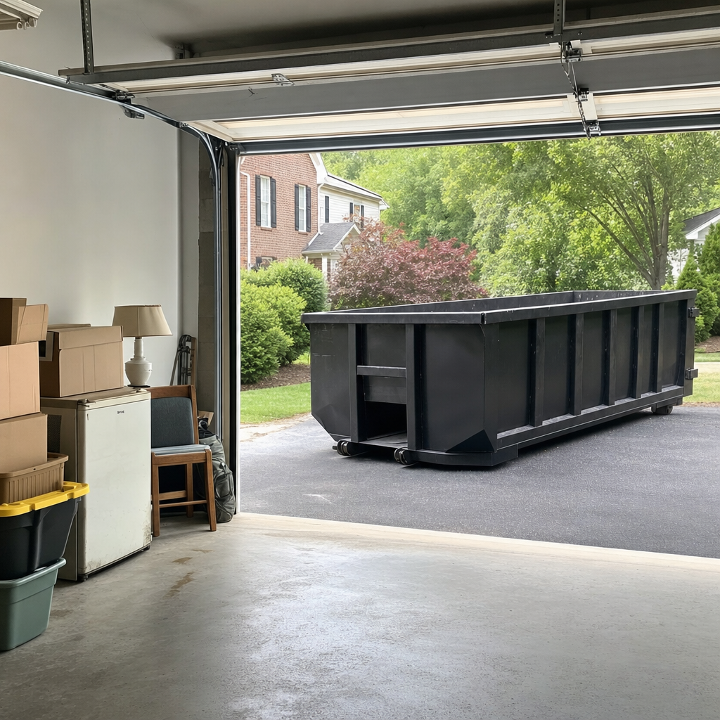 Open garage interior in a Owensboro home mid-cleanout — boxed items, an old appliance, and stacked yard tools queued near the driveway for a matte-black roll-off dumpster, organized and calm