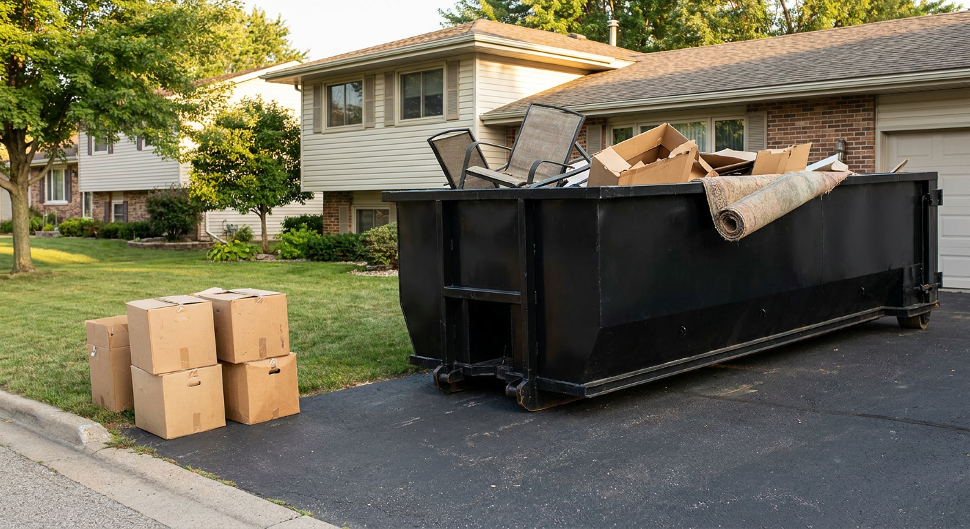 Front-yard view of a Owensboro split-level home with a 20-yard matte-black roll-off dumpster sitting directly on the asphalt driveway, a few clearly labeled donation boxes staged at the curb, calm sunny afternoon.