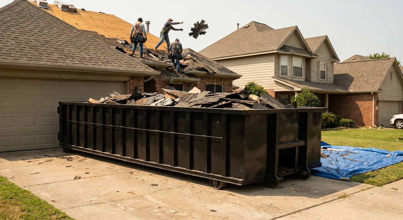 Matte-black roofing roll-off dumpster placed directly on a Owensboro residential concrete driveway, a tear-off crew on a two-story asphalt-shingle roof tossing shingle bundles into the low-walled container, bright daylight, documentary 35mm perspective.