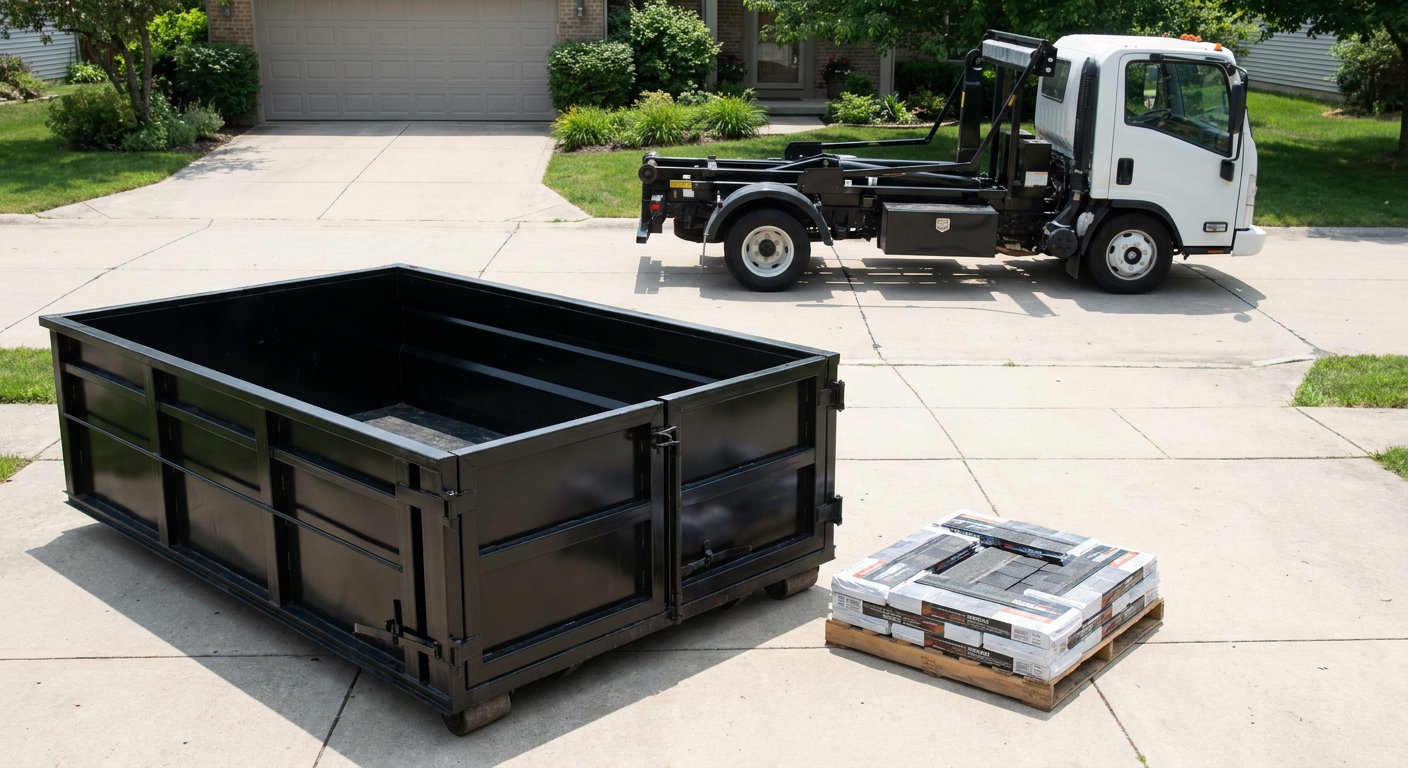 Matte-black 15-yard roofing roll-off dumpster with reinforced low side walls sitting directly on a Owensboro residential concrete driveway, three-tab asphalt shingle bundles stacked nearby, an unmarked white hauler truck partially visible at the edge of the frame.