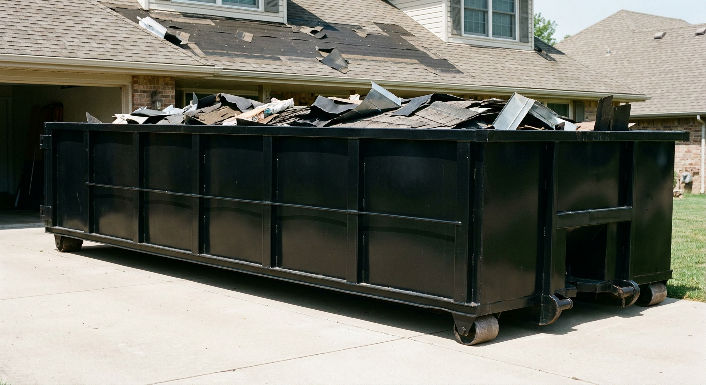 Matte-black 20-yard roofing roll-off dumpster with steel ribbed sides and swinging rear door, sitting directly on the concrete driveway of a two-story Owensboro home, asphalt shingle debris being loaded over the low wall, clean documentary lighting.