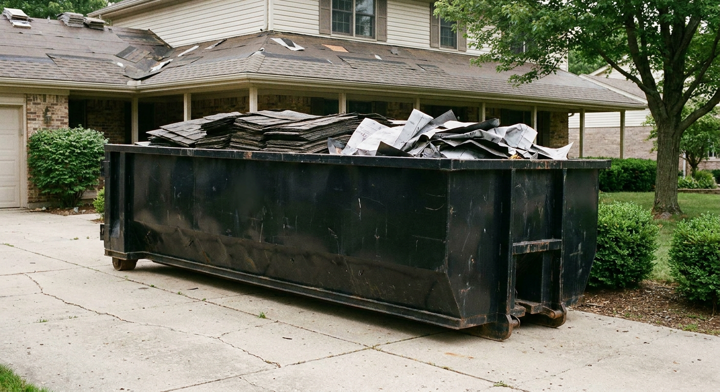 Matte-black 30-yard roofing roll-off dumpster sitting directly on a Owensboro concrete driveway, taller ribbed steel side panels, mixed tear-off debris of asphalt shingles and underlayment inside, professional documentary daylight.