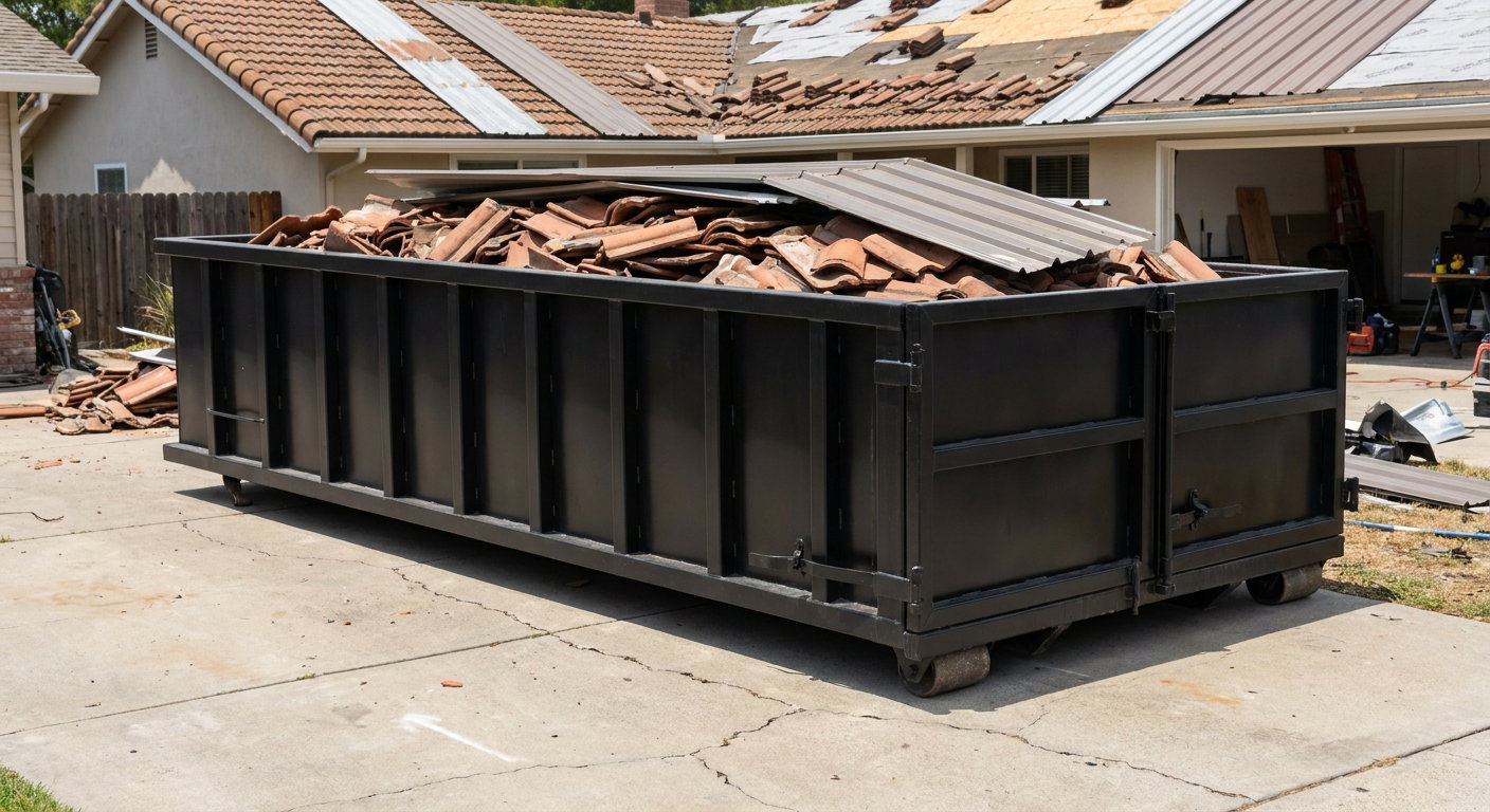Matte-black low-wall heavy-debris roofing roll-off dumpster sitting directly on a Owensboro concrete driveway, broken concrete clay roof tiles and metal panel sections loaded inside, reinforced ribbed steel side walls visible, bright outdoor daylight.