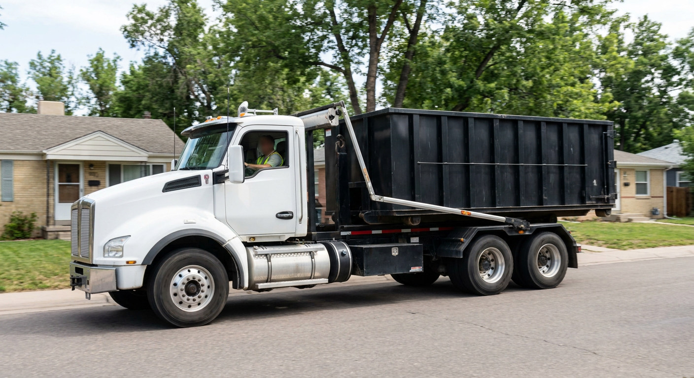 A wide documentary shot of a matte-black roll-off delivery truck pulling onto a quiet Owensboro residential street at mid-morning, with neighborhood rooftops and tree-lined blocks visible behind, showing the metro coverage footprint.