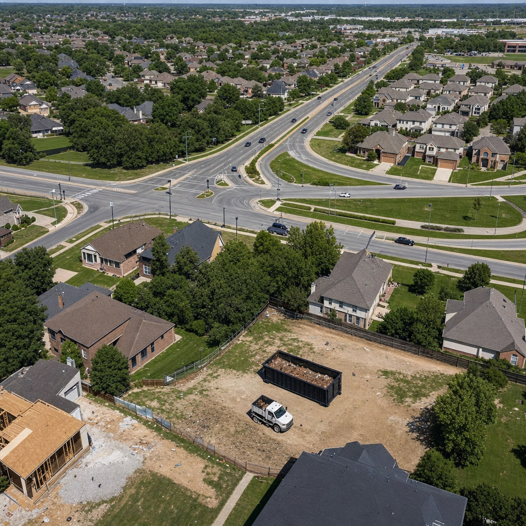 An overhead documentary view of the Owensboro metro area at midday, showing the spread of neighborhoods, arterial roads, and the dispatch radius from a central yard — clean daylight, organized geographic layout.