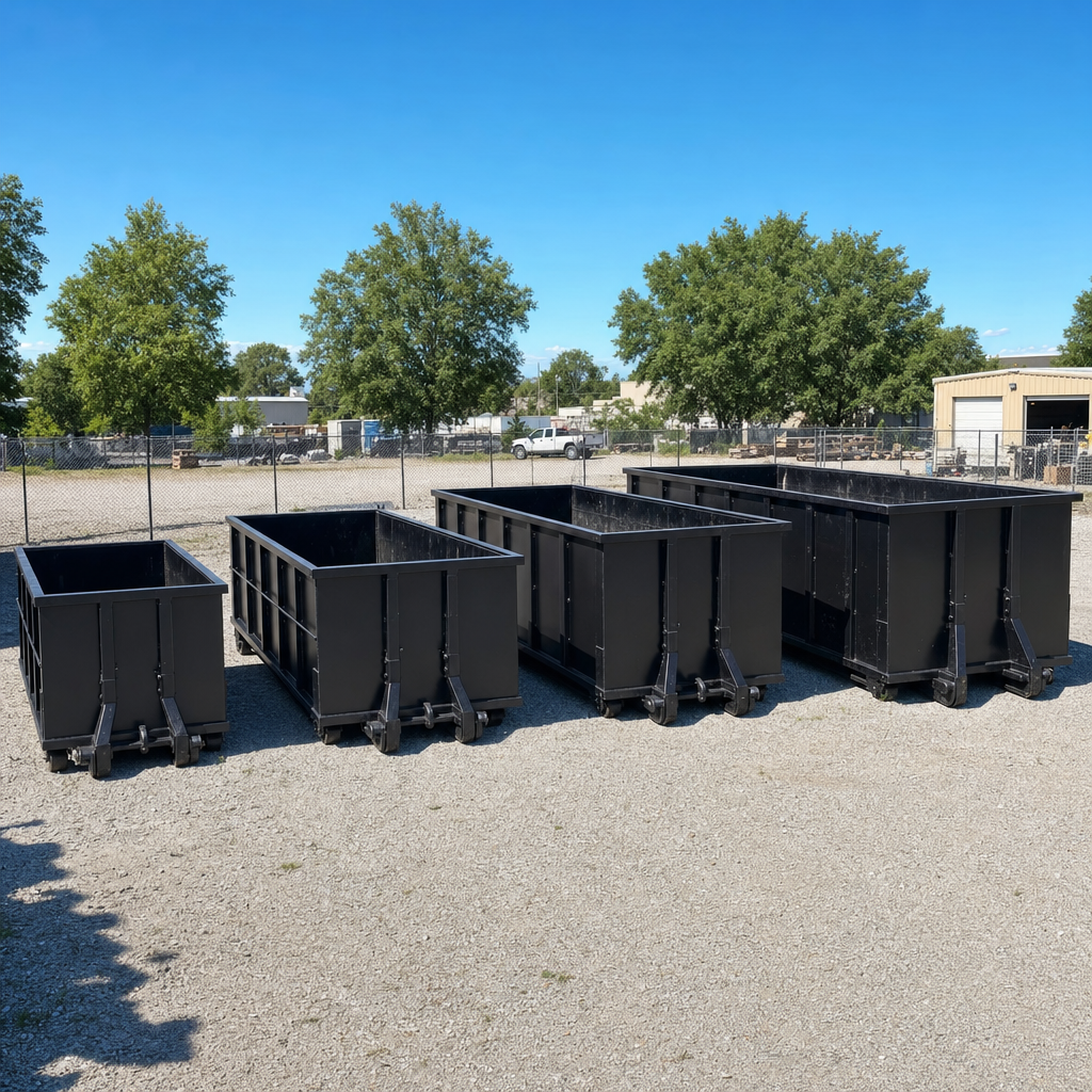 A clean lineup of matte-black roll-off dumpsters in 10, 20, 30, and 40-yard sizes staged on a sunlit gravel yard in Owensboro, showing the size progression from compact to commercial-scale containers.