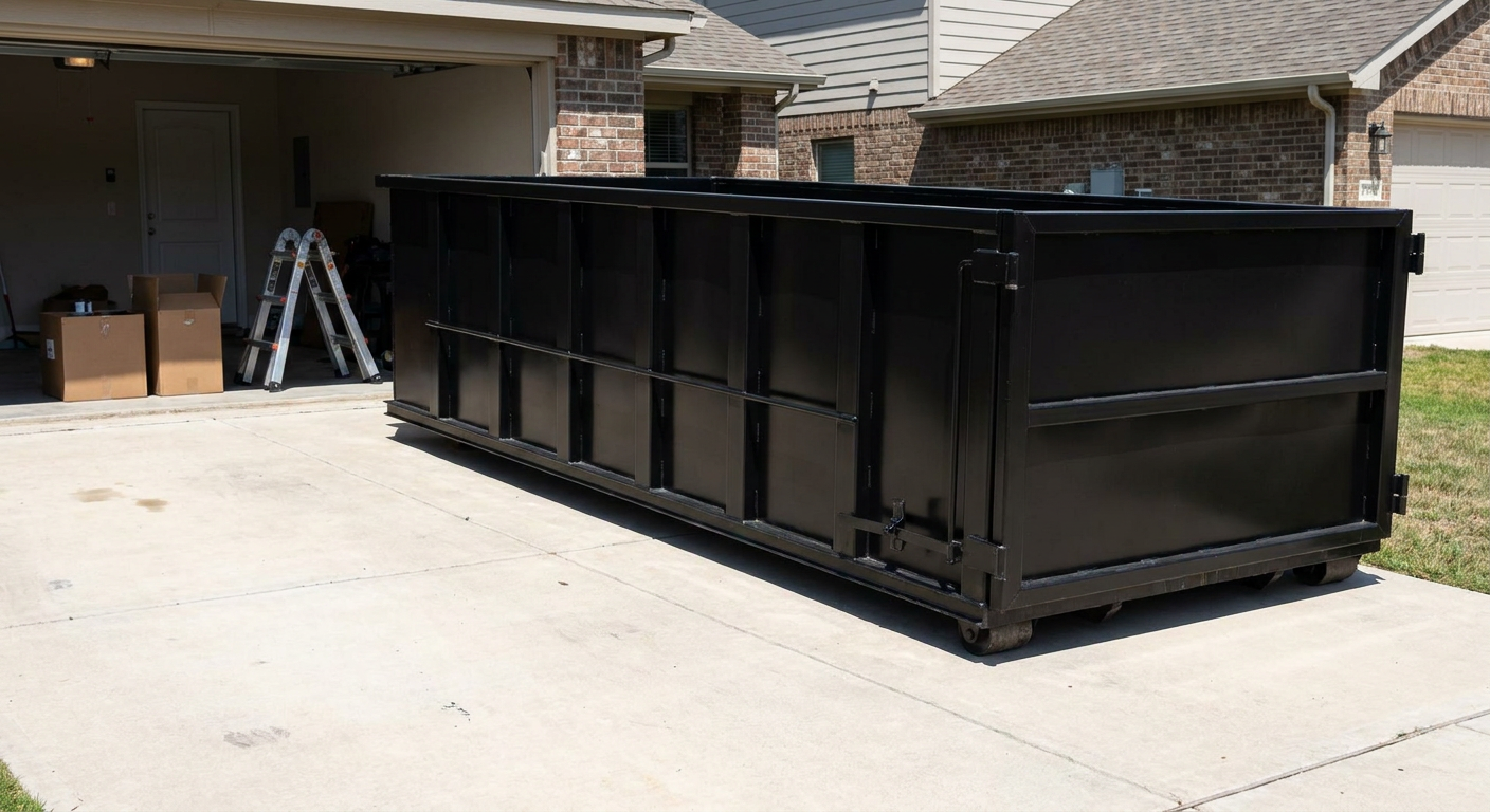 A matte-black 10-yard roll-off dumpster sitting directly on a residential Owensboro concrete driveway, mid-day sunlight, clean and ready for a garage cleanout.