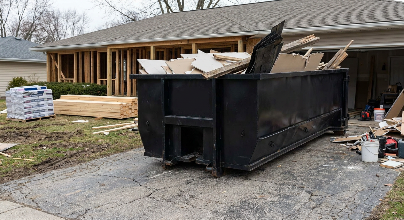 A matte-black 20-yard roll-off dumpster placed alongside a mid-renovation Owensboro home directly on the asphalt driveway, with framing materials and torn-off shingles staged neatly nearby.