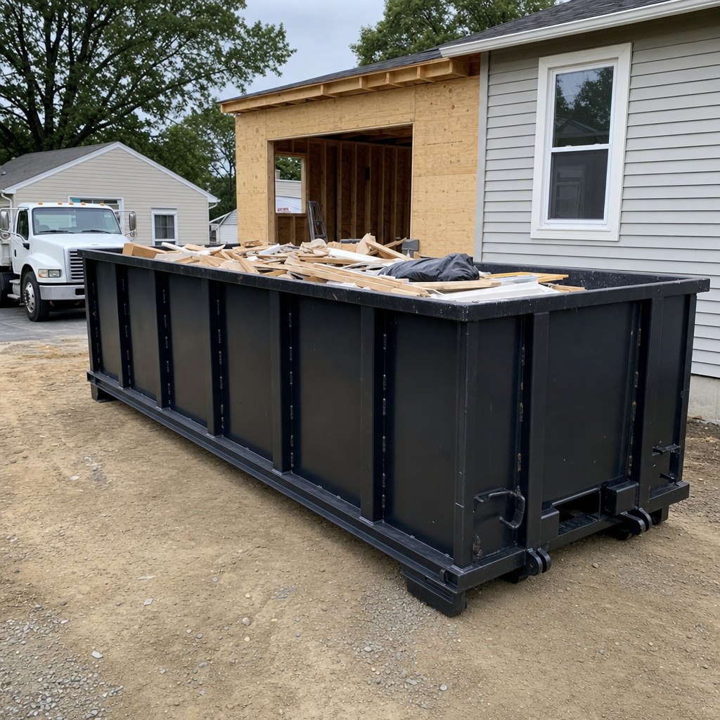A matte-black 30-yard roll-off dumpster positioned at a Owensboro residential addition jobsite, with framing lumber and drywall scraps loaded through the open swinging rear doors.