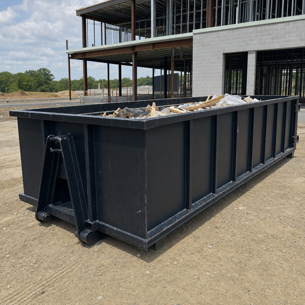 A matte-black 40-yard roll-off dumpster staged on a large Owensboro commercial construction lot, with a hooklift delivery truck parked alongside under bright midday sky.