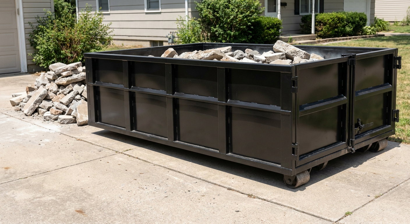 A matte-black low-side heavy-debris roll-off dumpster placed directly on a Owensboro concrete driveway, with broken concrete chunks neatly stacked beside it under clean daylight.